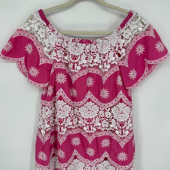 ASOS Off Shoulder Mini Dress 4 Embroidered Floral Crochet Lace Boho Hot Pink - Picture 4 of 11
